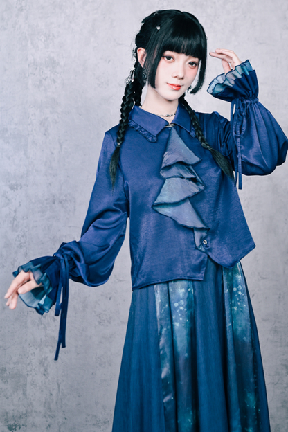 Blue World Floating Light Splice Ruffle Lantern Sleeve Shirt