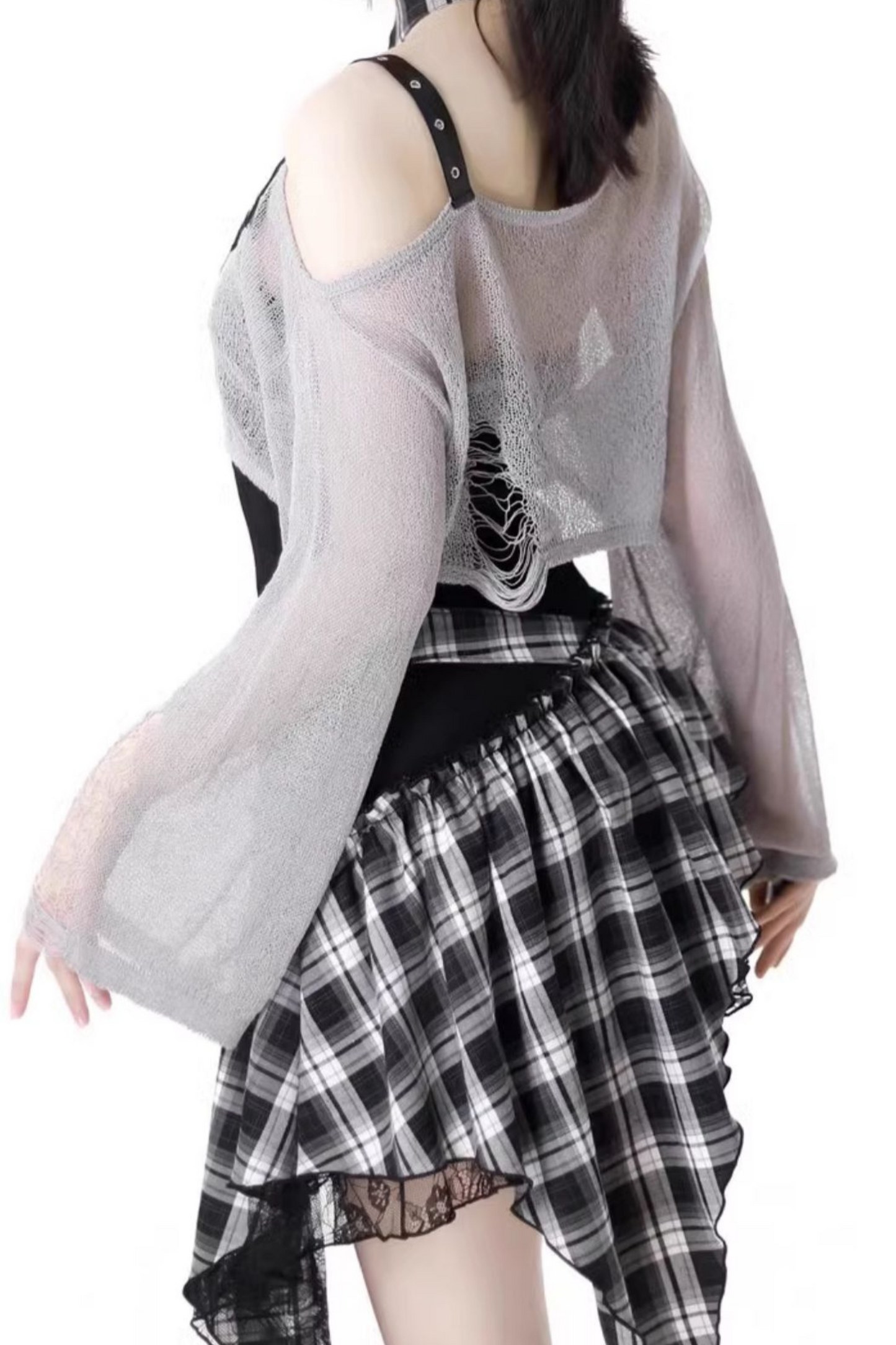 ロックシックチェックドレス＋ワンショルダーショートトップス＋ショートパンツ