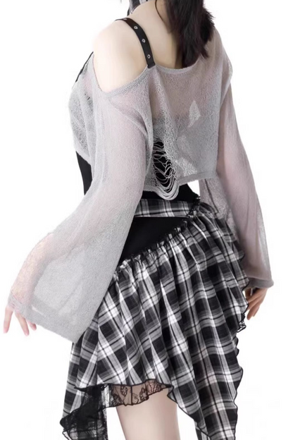 ロックシックチェックドレス＋ワンショルダーショートトップス＋ショートパンツ