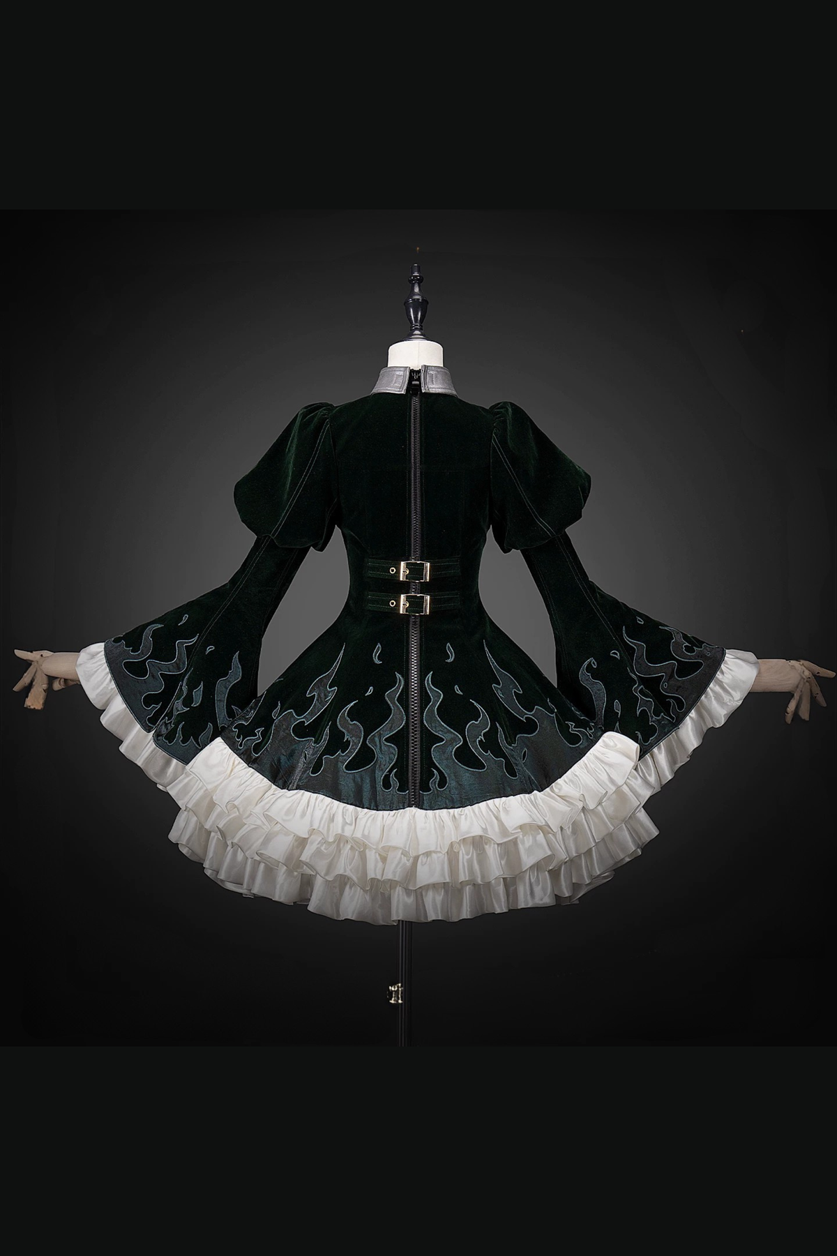 [Pre-order] Dark Green x Red Gothic Prince Velvet Flame 3D Chain Detail Ruffle Lolita Dress