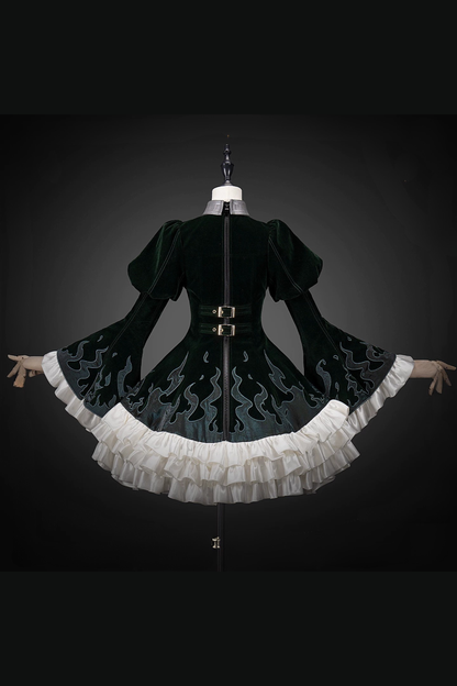 [Pre-order] Dark Green x Red Gothic Prince Velvet Flame 3D Chain Detail Ruffle Lolita Dress
