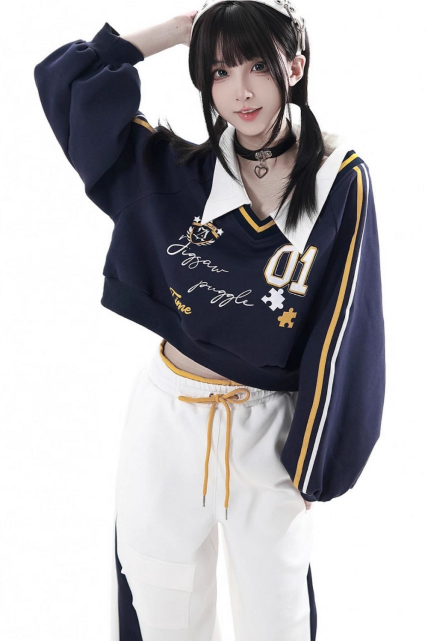 カレッジブルージャケット+フーディードレス+パンツ+スウェット