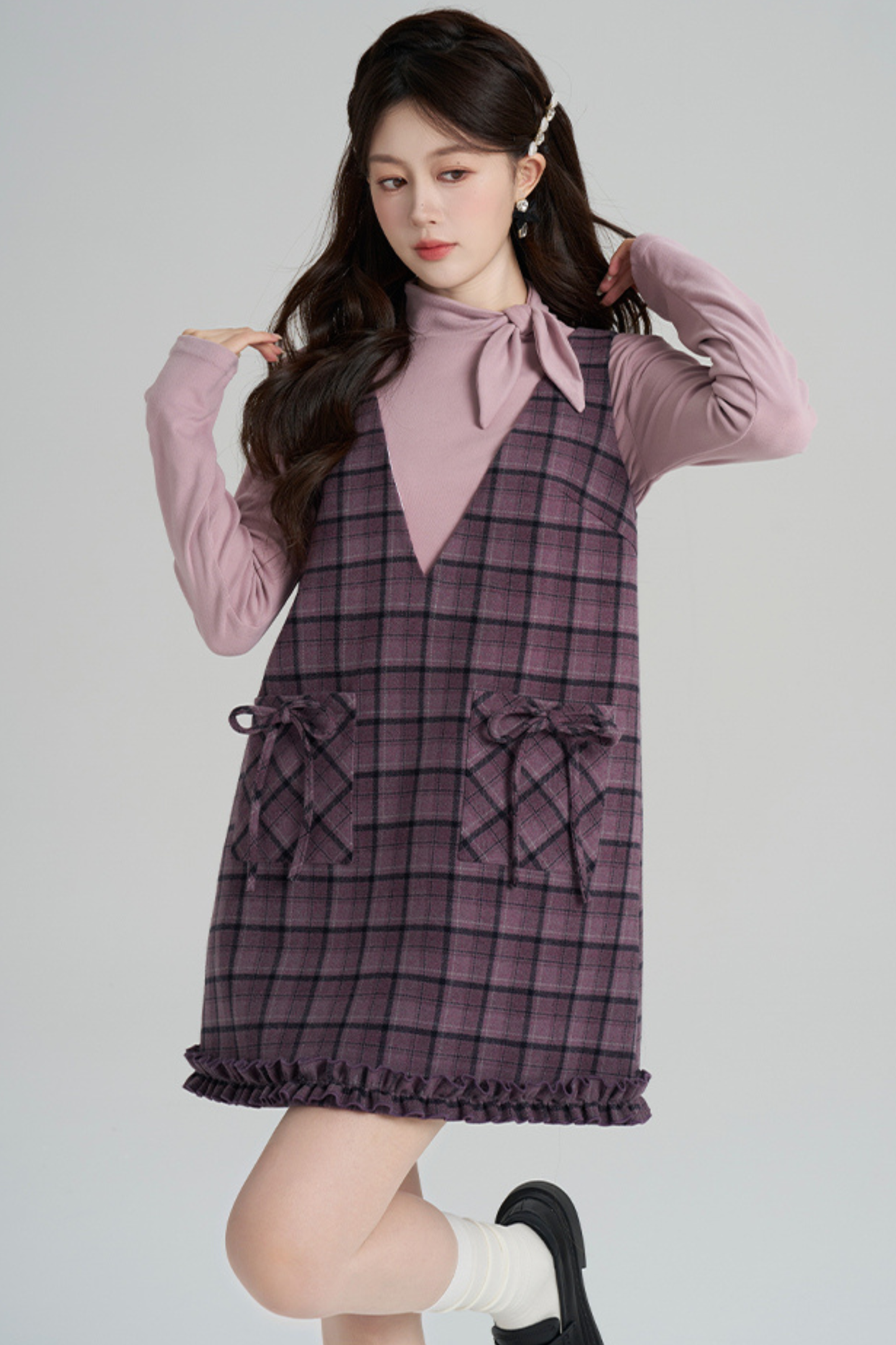 パープルプレイドラッフルドレス+トップス