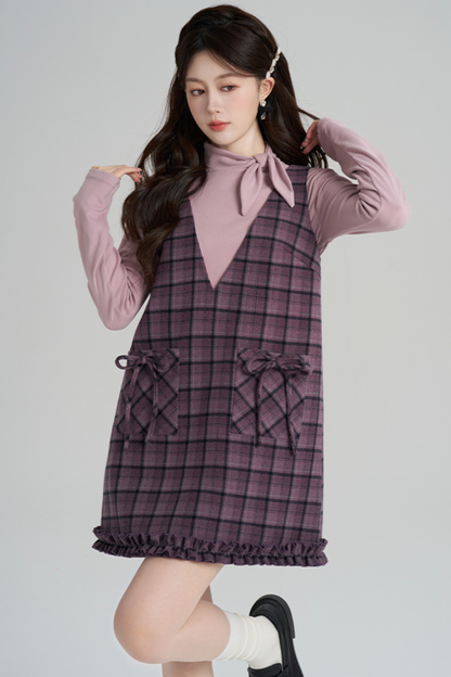 パープルプレイドラッフルドレス+トップス
