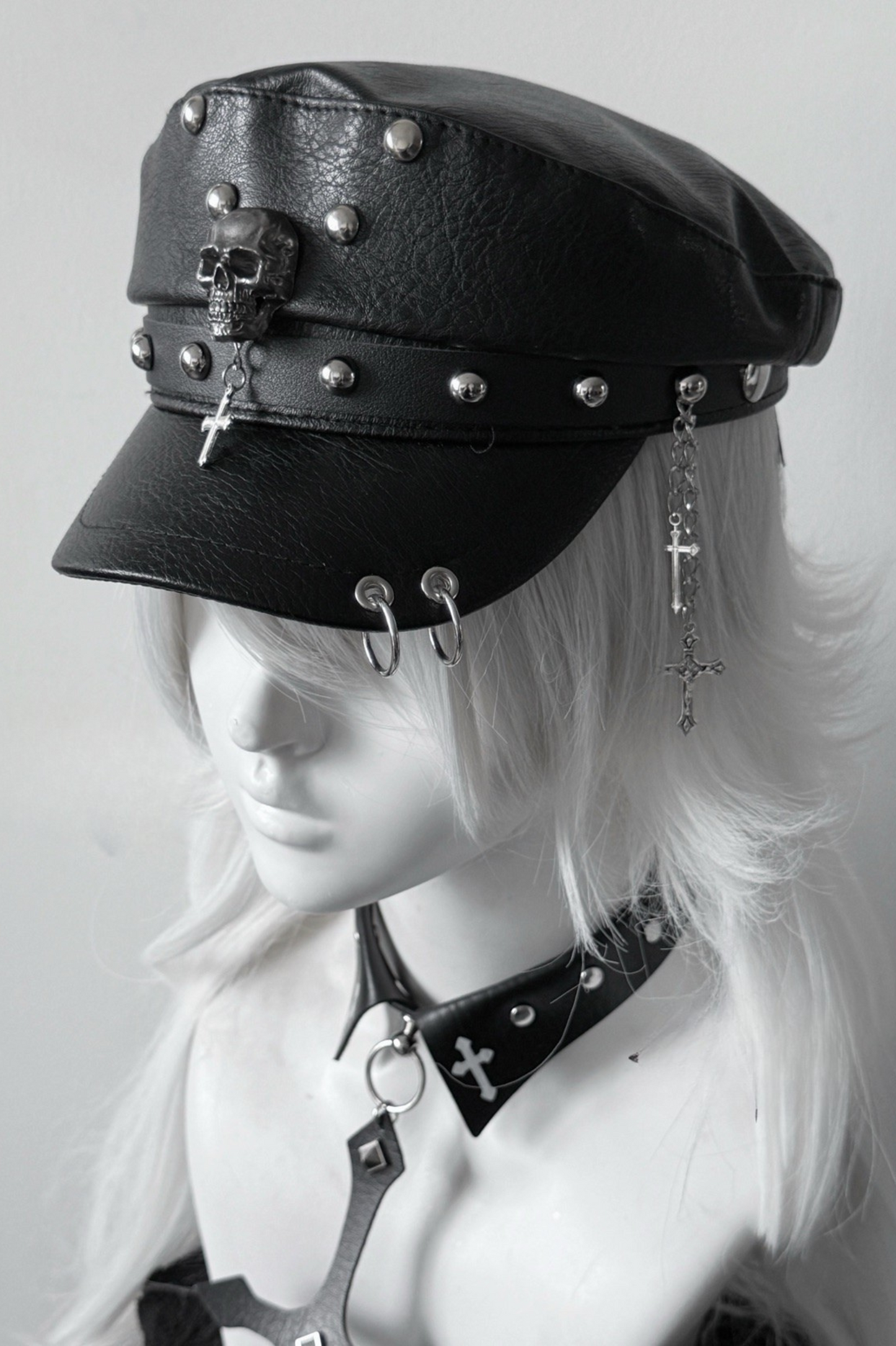 Dark Riveted Y2K Leather Buckle Subculture Cap