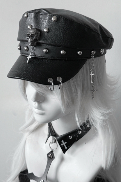 Dark Riveted Y2K Leather Buckle Subculture Cap