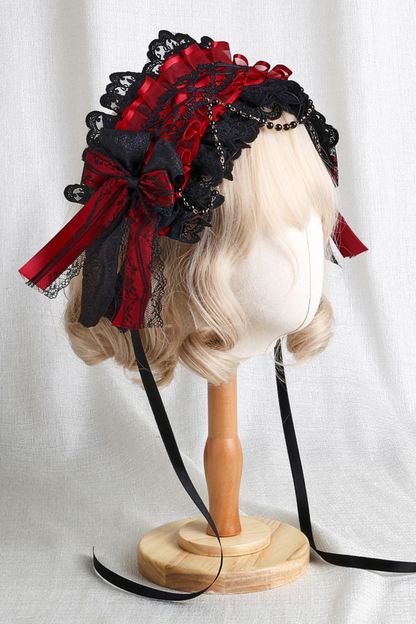 Dark Frilled Lolita Hairband + Flat Hat + Hat Clip + Ribbon Clip + Sleeve