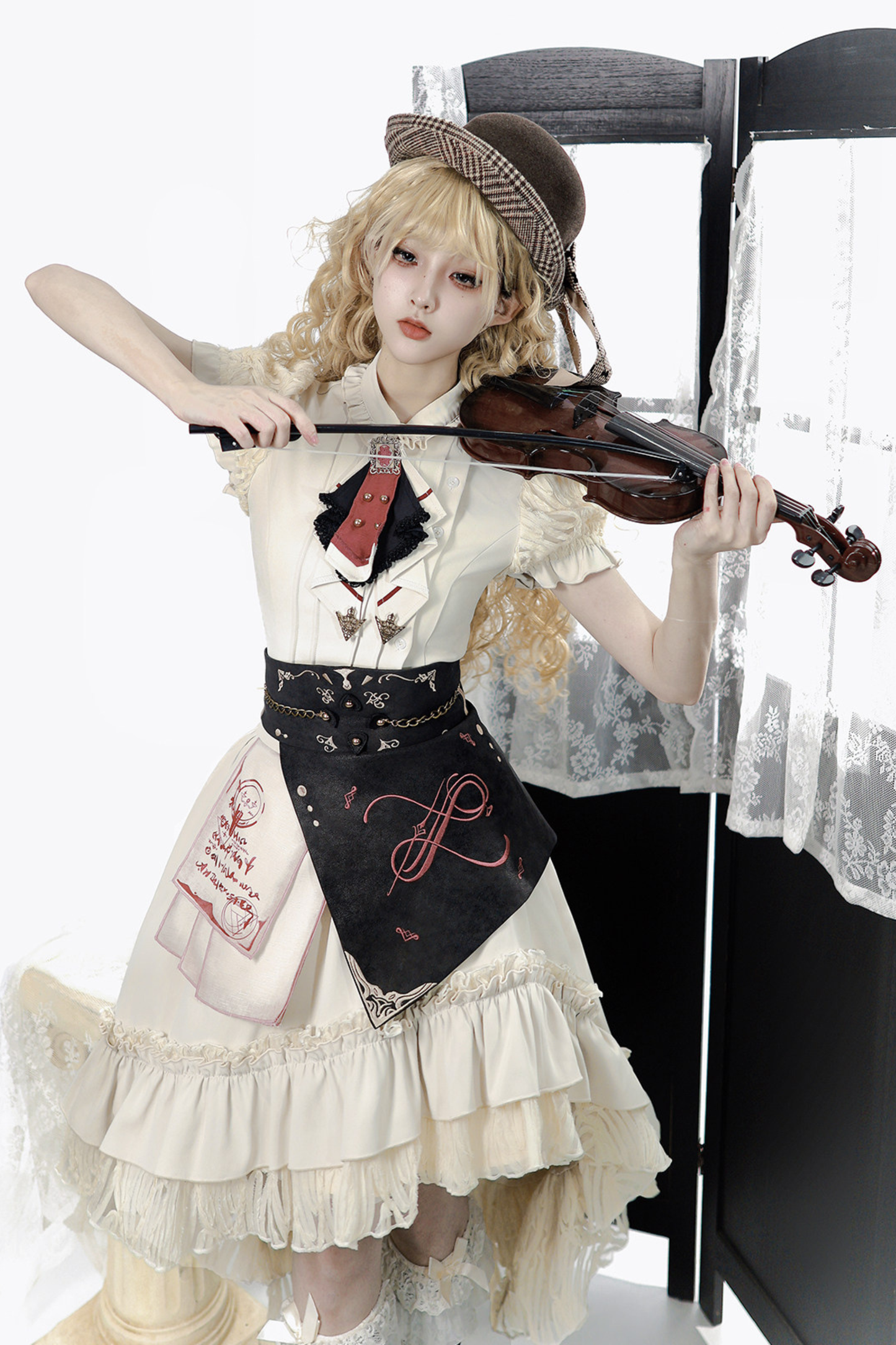 Vintage Lolita Puff Sleeve Top + Asymmetrical Skirt + Corset