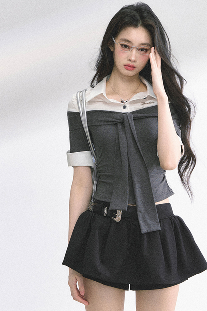 フレンチレディーウエストスリミングショートトップス