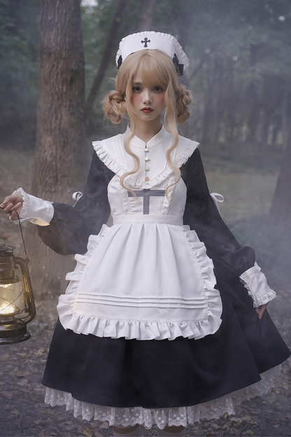 ランタンエンジェルメイドロリータドレス＋エプロン＋つけ襟