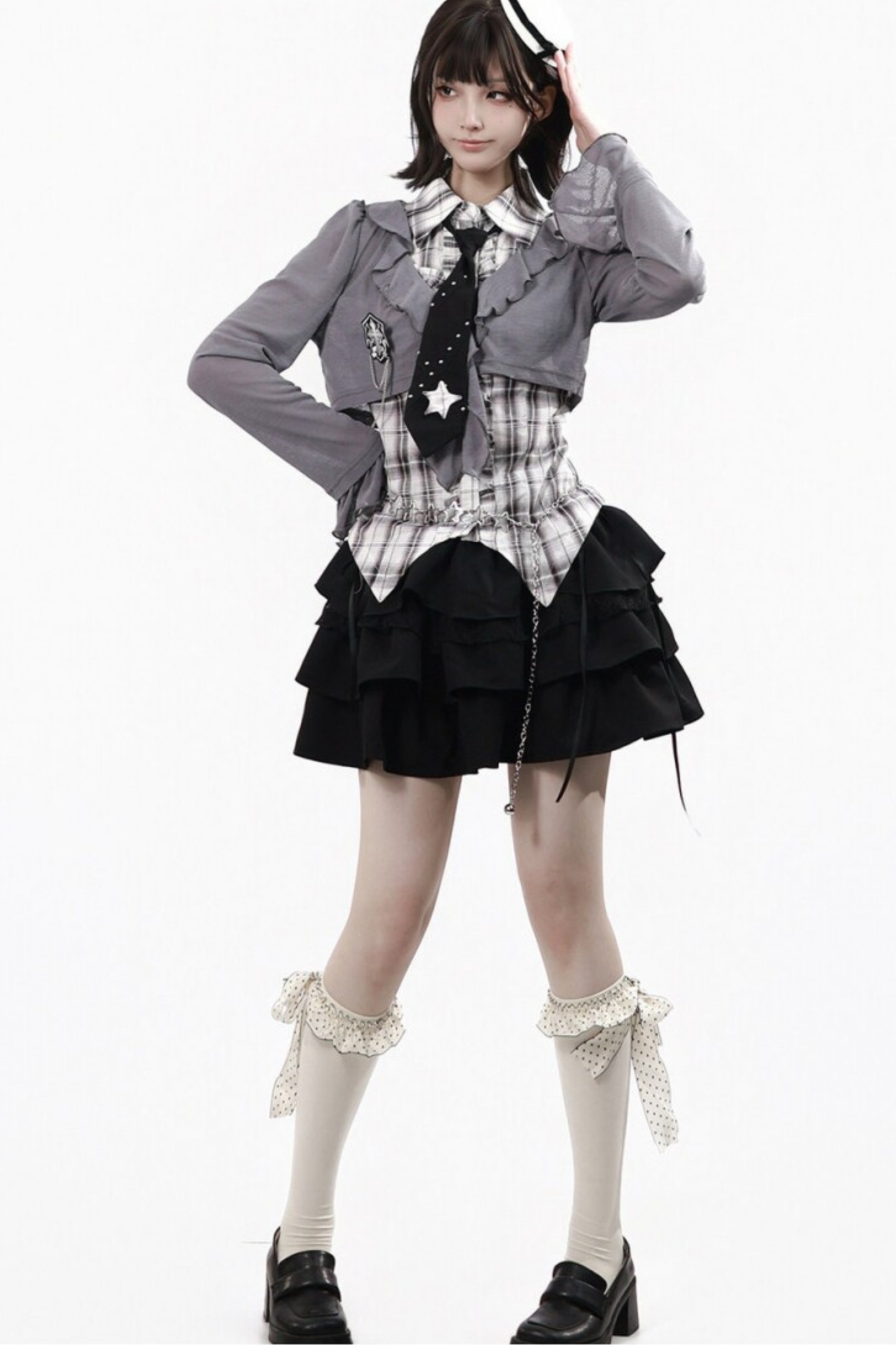 Plaid Sleeveless Shirt + Top + Tiered Skirt