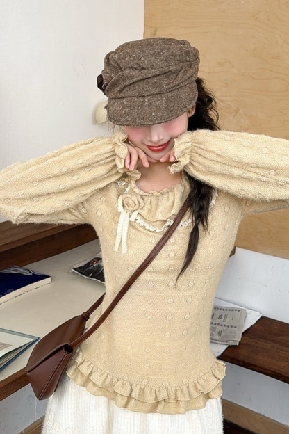 レースカラーロングスリーブトップス