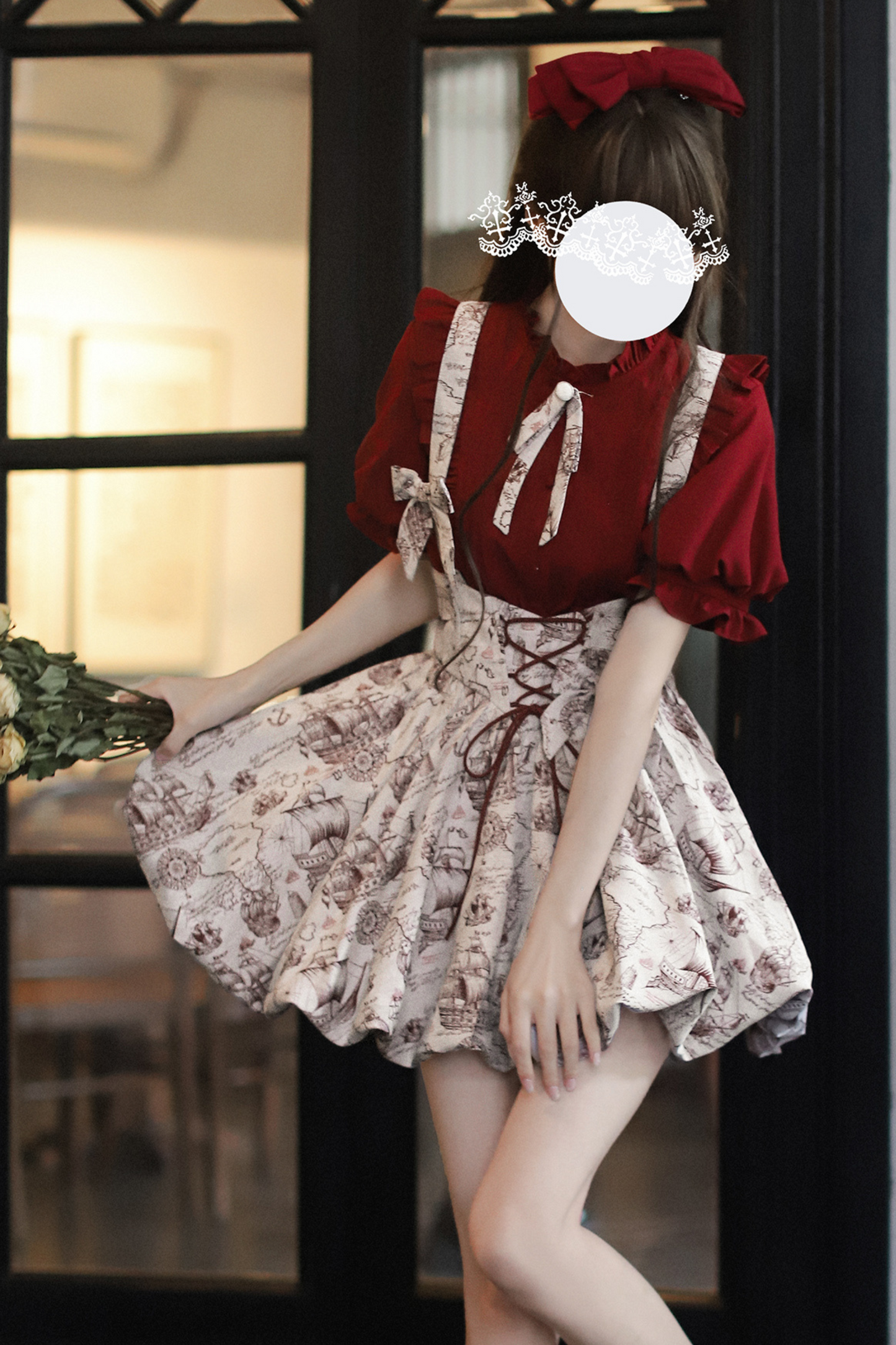 (Pre-order item) Wine Red Puff Sleeve Shirt + Balloon Jumperskirt