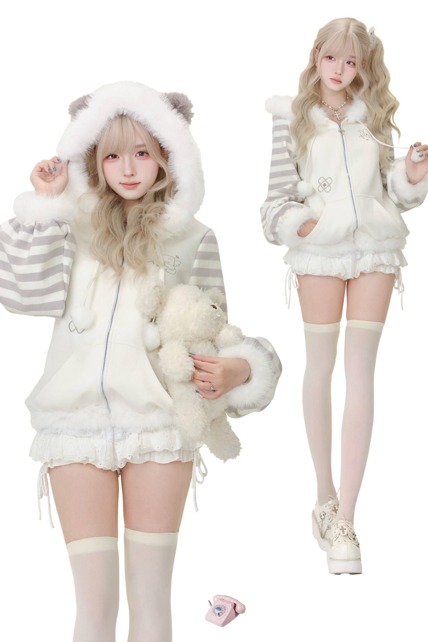 ボーダーファーフードコート+ケーキスカート