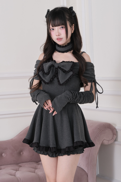 大蝴蝶结露肩连衣裙套装