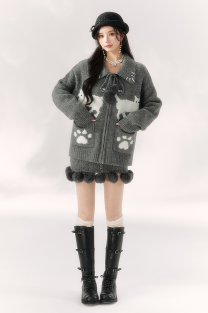 Cat Ball French Knit Sweater + Fur Skirt