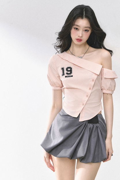 ワンショルダーロゴタイトトップス