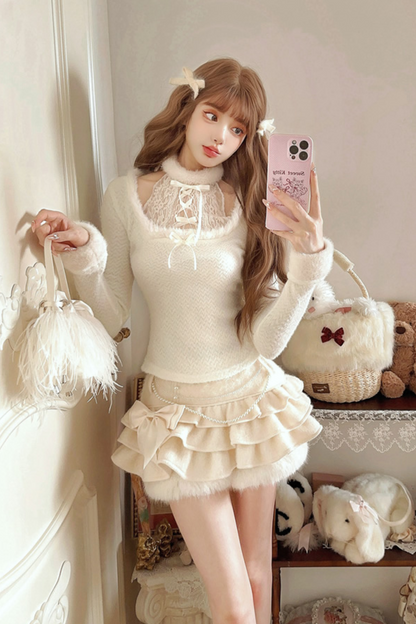 [Reservations] Lace Ribbon Faux Two-piece Knit