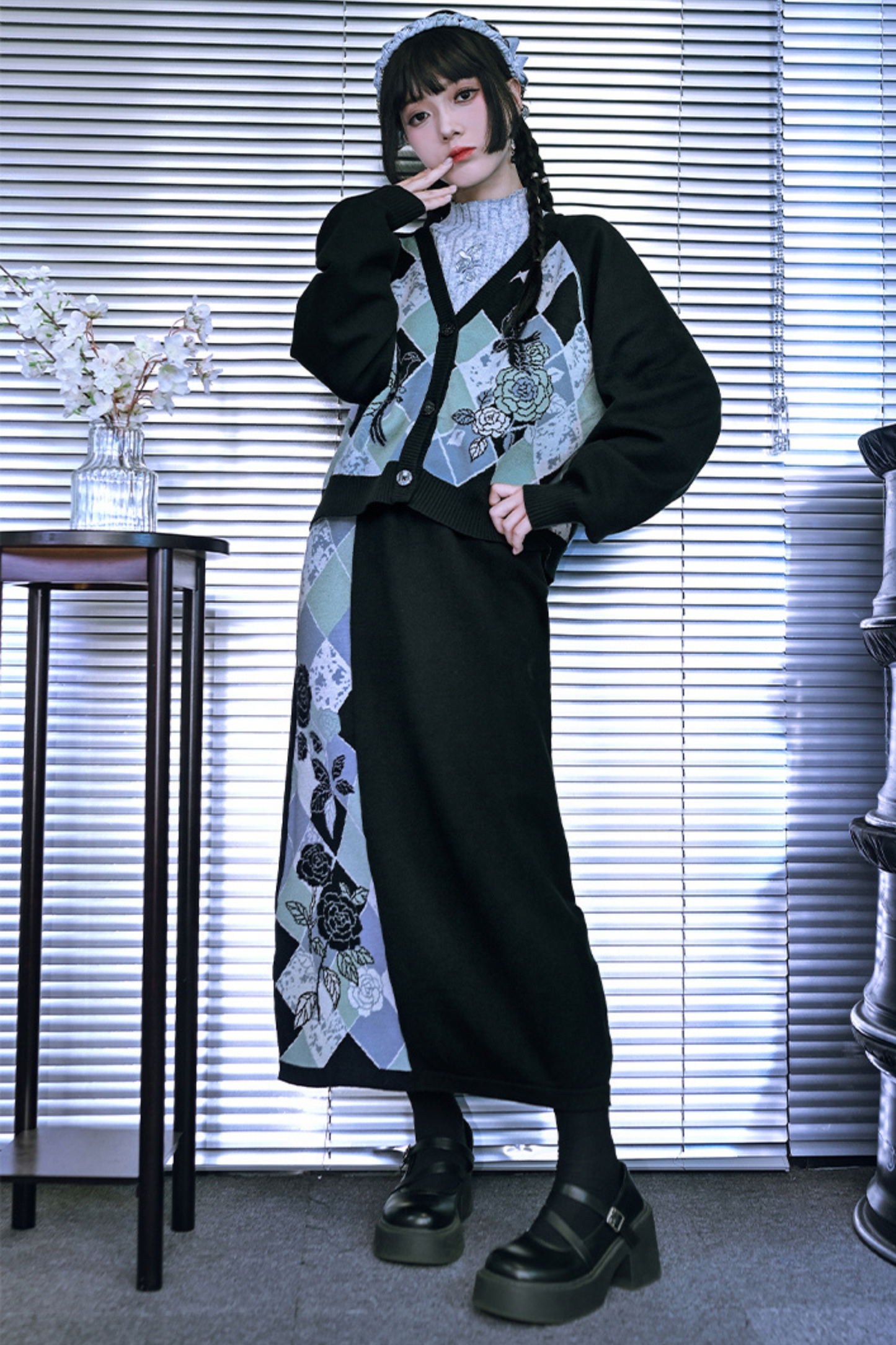 Argyle Flower Cardigan + Asymmetrical Skirt