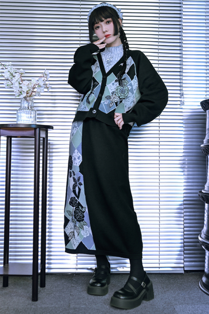 Argyle Flower Cardigan + Asymmetrical Skirt