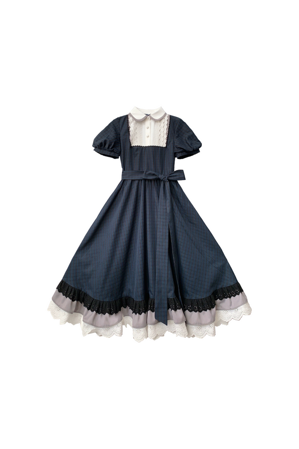 Elegant Retro Navy Blue Dress + Slim Ribbon + Brooch