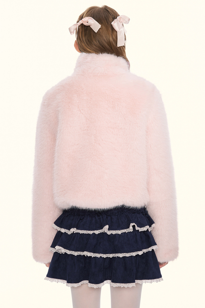 Sweet fur short coat + ribbon scarf