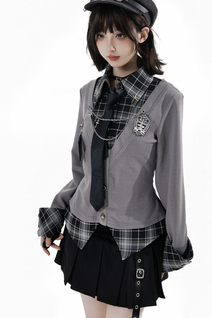 カレッジロールアップシャツ+スカート+ネクタイ