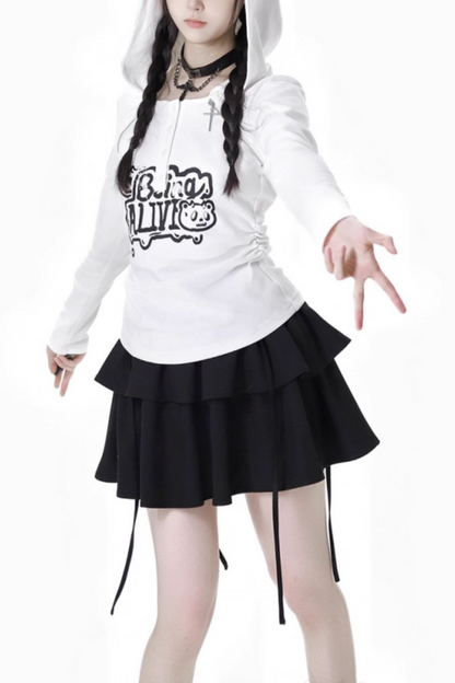 猫耳フードトップス+ルーズニットセーター+カーゴパンツ+ストラップスカート