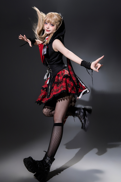 【予約商品】バニーロックスターガールフード付きジャケット+ブラウス+チェックスカート