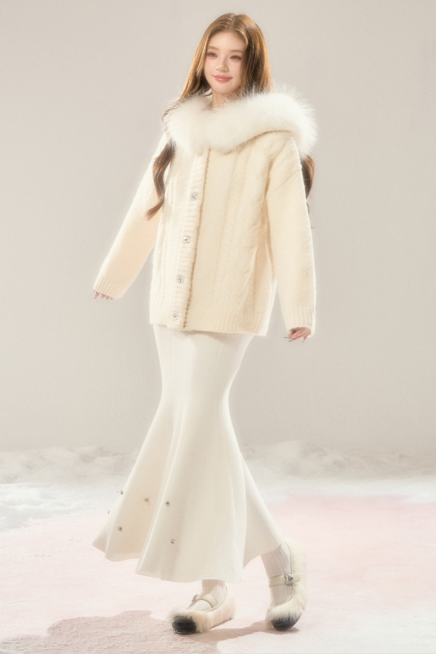 Sweet Fur Collar Hooded Knit Cardigan