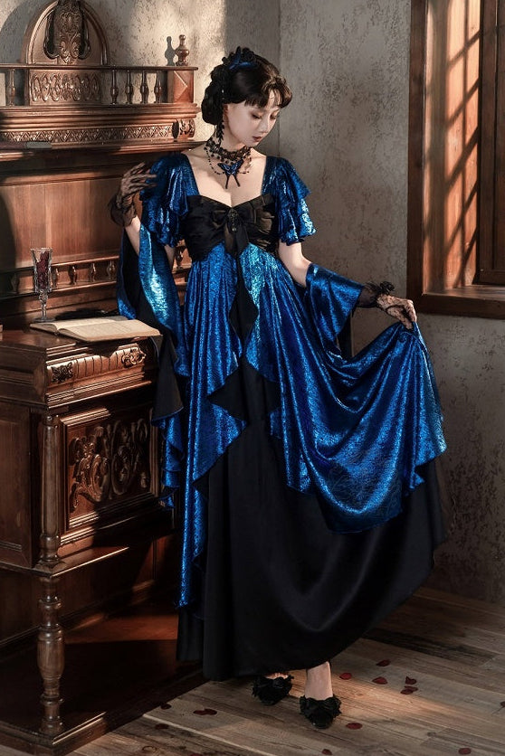 [Date limite de précommande: 105] Robe empire gothique élégante à volants cascade rouge/bleu [courte/longue] + ensemble robe complet (châle, broche papillon, chaîne de taille, traîne à nœud au dos)