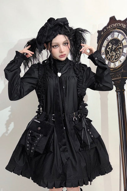 【11月6日予約締切】White/Black Gothic Lolita Drawstring Frill Strap Doll Dress