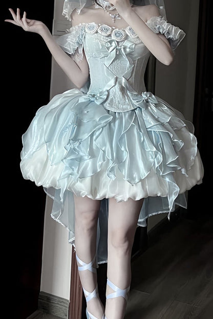 【9月6日予約締切】Romantic Rose Ballet Lolita Bow Lace Corset Bustier＋Layered Ruffle Bow Bubble Skirt + Bow Train（Set1/2）
