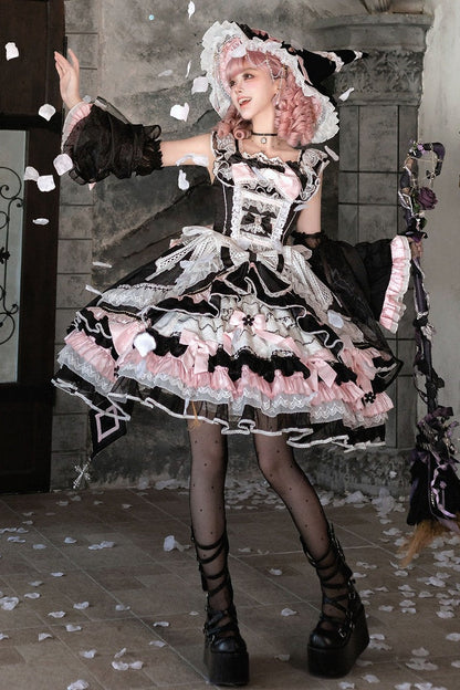 [Date limite de précommande : 14 septembre] Ensemble complet Gothic Black Pink Witch : robe JSK à croix + grande traîne à nœud + cape à capuche + manches amovibles + chapeau de sorcière + manches extérieures