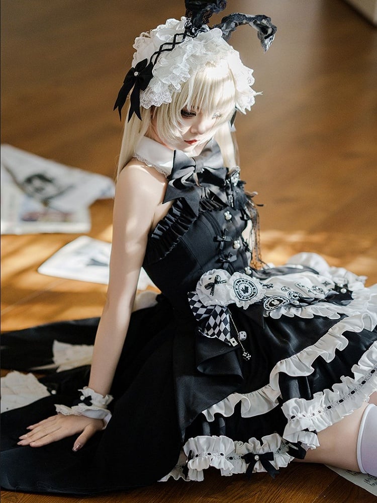 【2月13日予約締切】ブラックホワイトゴシックアリスラビットフリルビスチェトップメイドスカートドレスセット＋アクセサリー