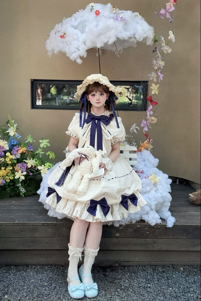 【9月19日予約締切】Pink x Beige / Dark Blue x Beige Doll Style Sweet Lolita Bow Lace Puff Sleeve Dress + Dress Set + Full Set