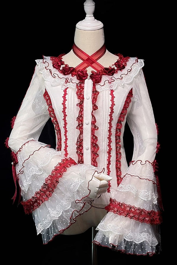 [Deadline for reservations: December 26] Pure Sweet Rose Fantasy Cross Ribbon Lace Bell Sleeve Shirt