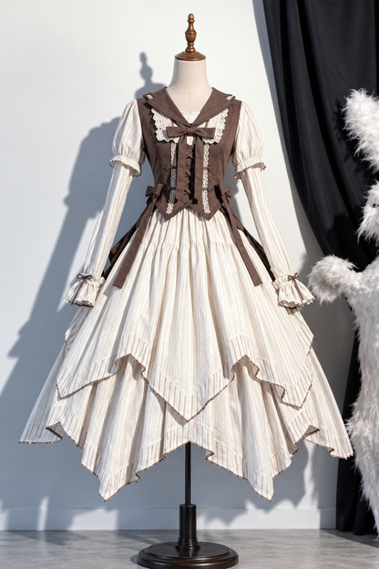 【10月14日予約締切】Brown Vintage Classic Lolita Puff Sleeve Ribbon Frill Collar Handkerchief Hem Bustier Layered Dress + Detachable Sleeves + Ribbon KC + Hair Clip