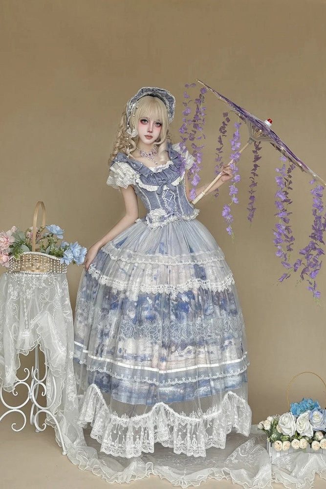[Reservierungsschluss 3. August] Snow on the Seine River elegantes Lolita-Set mit Schleifen-Rüschen-Korsett-Bustier+langem Rock mit Kunstdruck+langem Tüll-Überrock
