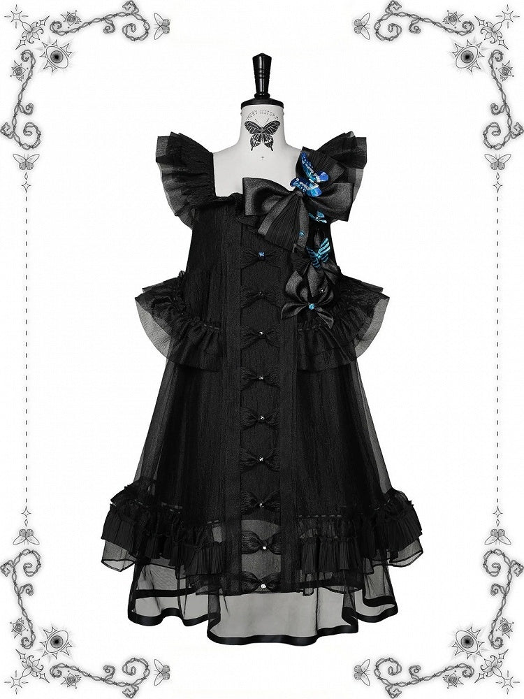 [Vorbestellfrist: 1014] Schwarz/weißes Gothic-Lolita-Set aus Puppenkleid mit Schmetterlingsschleife, Bandkragen und Flatterärmeln + Puppenkleid mit eckigem Ausschnitt und Flatterärmeln