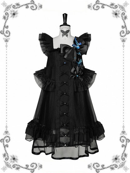 [Vorbestellfrist: 1014] Schwarz/weißes Gothic-Lolita-Set aus Puppenkleid mit Schmetterlingsschleife, Bandkragen und Flatterärmeln + Puppenkleid mit eckigem Ausschnitt und Flatterärmeln