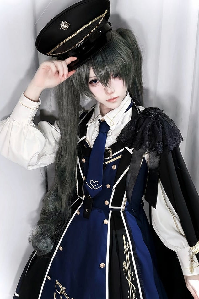 【6月28日予約締切】レッドブラック/ブルーブラックダークロリータゴールドエンブロイダリーテーラーカラーJKSドレス＋ネクタイ＋ウエストバッグ付きベルト