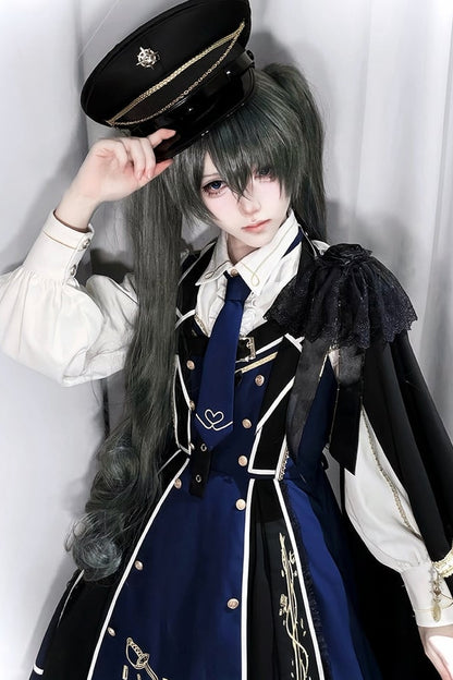 【6月28日予約締切】レッドブラック/ブルーブラックダークロリータゴールドエンブロイダリーテーラーカラーJKSドレス＋ネクタイ＋ウエストバッグ付きベルト