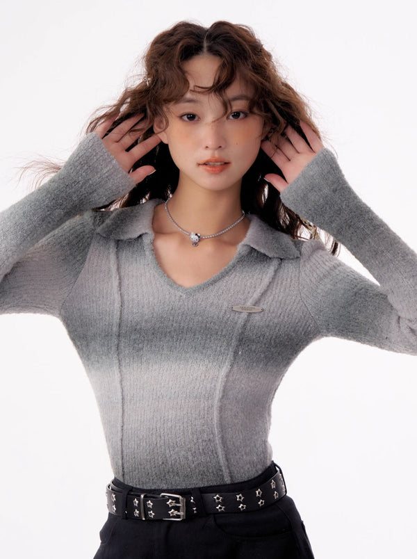 ポロ Vネックレトロボーダーグラデーションニット