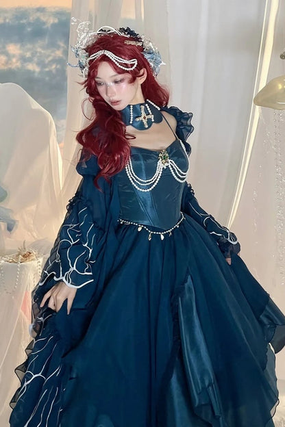 [Reservierungsschluss 1. Juni] Dunkelblau/Pink/Dunkelpetrol Atlantis Dark-Fantasy-Lolita Sternen-Korsett asymmetrisches Bustier-JKS-Kleid