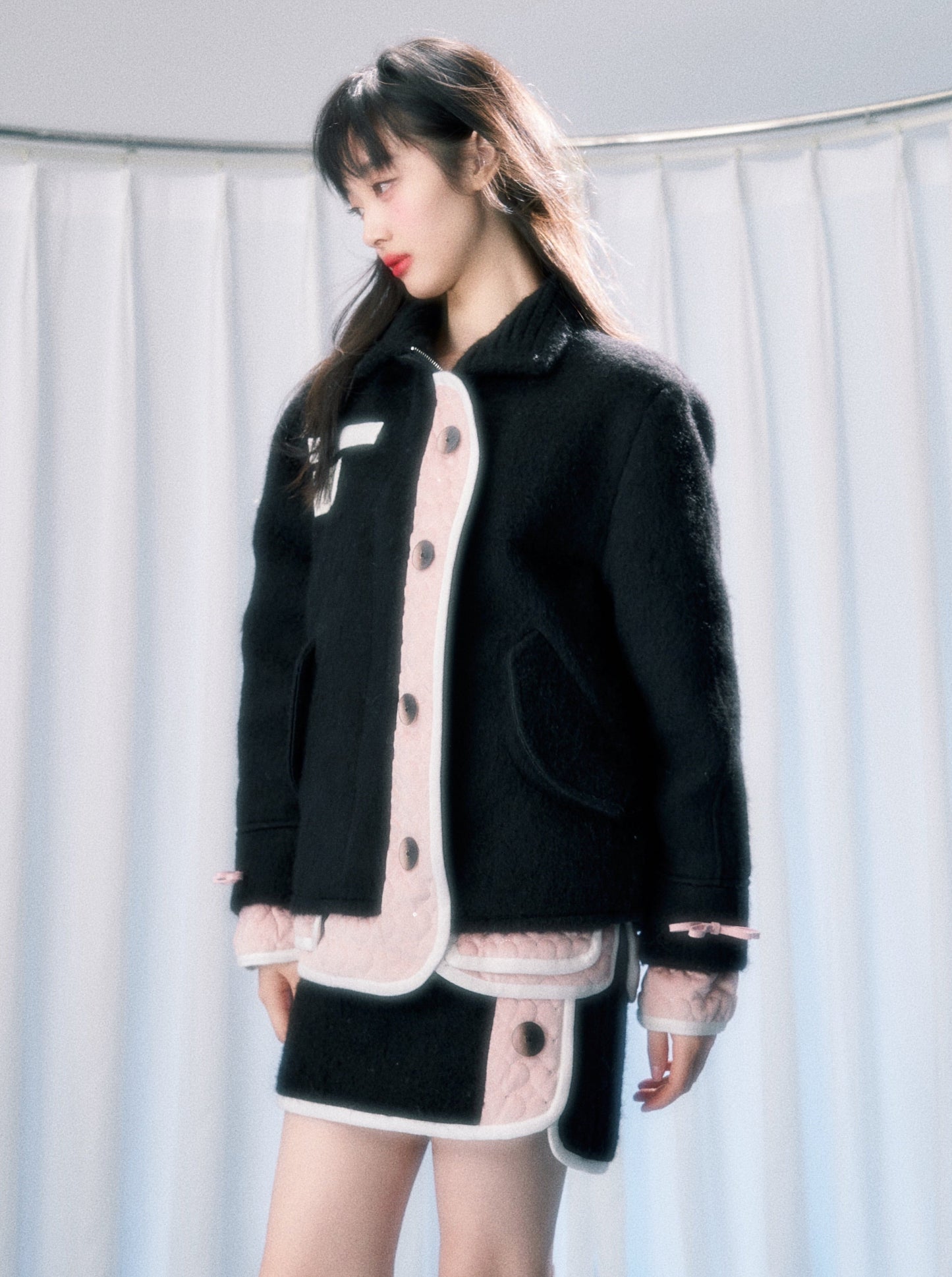 Stand collar cool jacket + college wool skirt