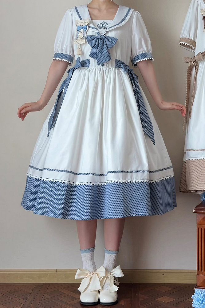 [Reservierungsschluss 28. Juni] 5 Farben/Sailor-Lolita-Streifenkleid mit Schleife und Puffärmeln