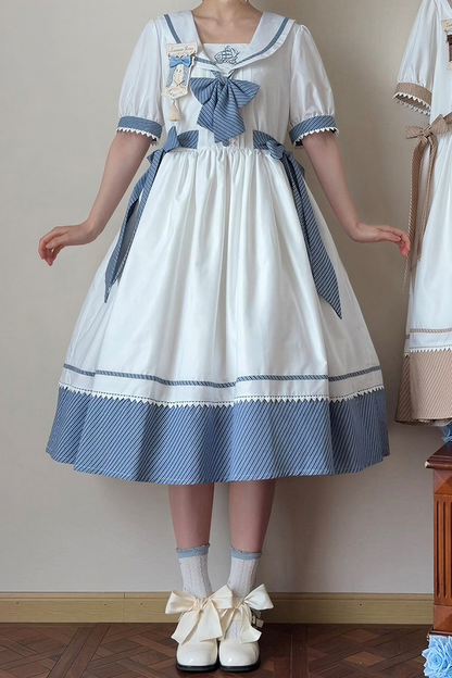 [Reservierungsschluss 28. Juni] 5 Farben/Sailor-Lolita-Streifenkleid mit Schleife und Puffärmeln