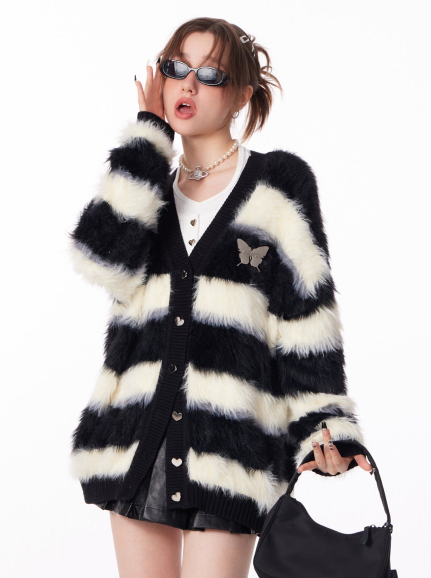 Butterfly Striped Fur Knit Cardigan