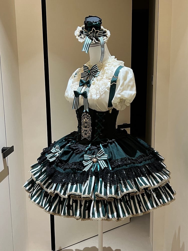 [Pre-order Deadline: May 20] Magical Girl Lolita Elegant Lace Puff Sleeve Shirt + Black x Green Ribbon Corset Tiered Dress + Mini Hat